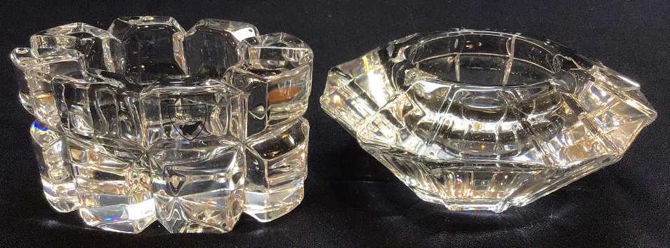 Two Orrefors Sweden Candleholders: 4 X 2.75 deep x 2.25tall. And 5 diameter X 2.5 tall.