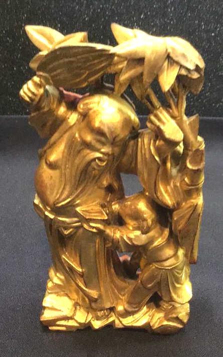 Vintage Chinese Hand-Carved Wood Wall Hanging: Red painted gilt plaque in relief. 3.5 wide X 1.5 deep, by 6 tall.