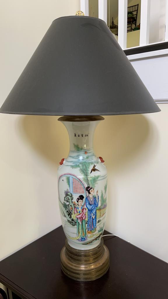 Rose Famile Palace-Size Porcelain Lamp: 10 diameter X 42 tall to top of finial. Artist signed, story on reverse side.