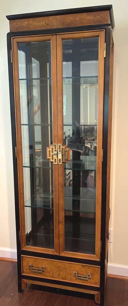 Chinese Chinoiserie Display Cabinet: Beveled glass on doors and side panels. Lighted, mirrored back, four glass shelves with plate rails. Drawer on bottom, brass hardware. Beautiful condition. 26 X 13 X 77 tall.