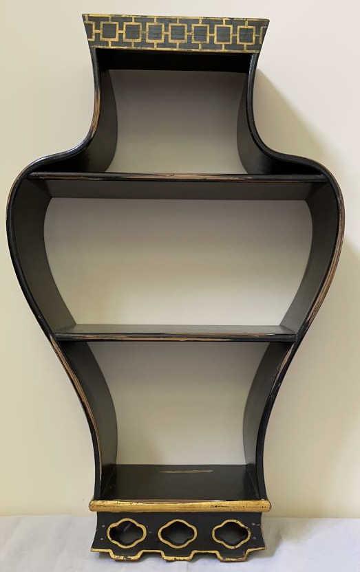 Antique Hanging Wall Shelf: Some wear, black with gold scenes and trim. 18.5 X 6 X 30 tall.