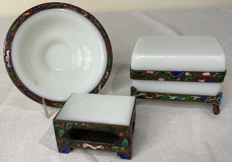 Glass Cigarette and Match Holder, Dish: Copper enamel trim. Dish is 4.25 diameter, footed box is 3.5 X 2.5 X 2.5, match case is 2.25 X 1.5 X 1.5. Origami bird found inside!
