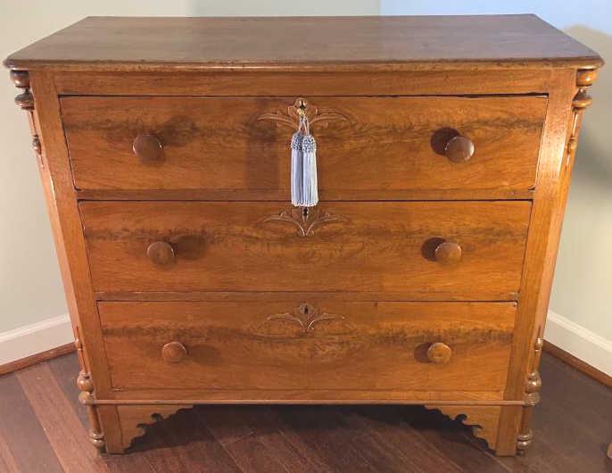 Antique Three Drawer Chest: Very good condition. Some restoration work done, back has been secured. Original knobs, bracket feet. Carved flower and leaves escutcheons. 41 X 18 X 36 tall. Key included.