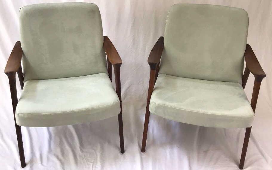 Rare MCM Lounge Chair Pair: Circa 1960s, mid-century chairs with teak frame, designed by Rolf Rastad and Adolf Relling. Excellent condition pair, tight joints on both, 27 X 27 X 30 tall, made in Norway.
