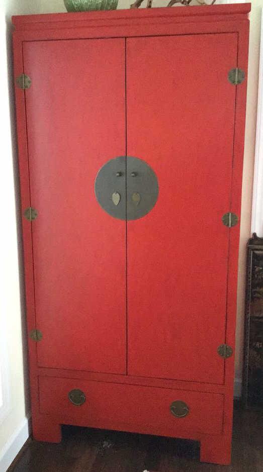 One of Two Chinese Red Wedding Cabinets: Solid construction, new stock, white rubberized liners included, 41 X 24 X 84 tall.