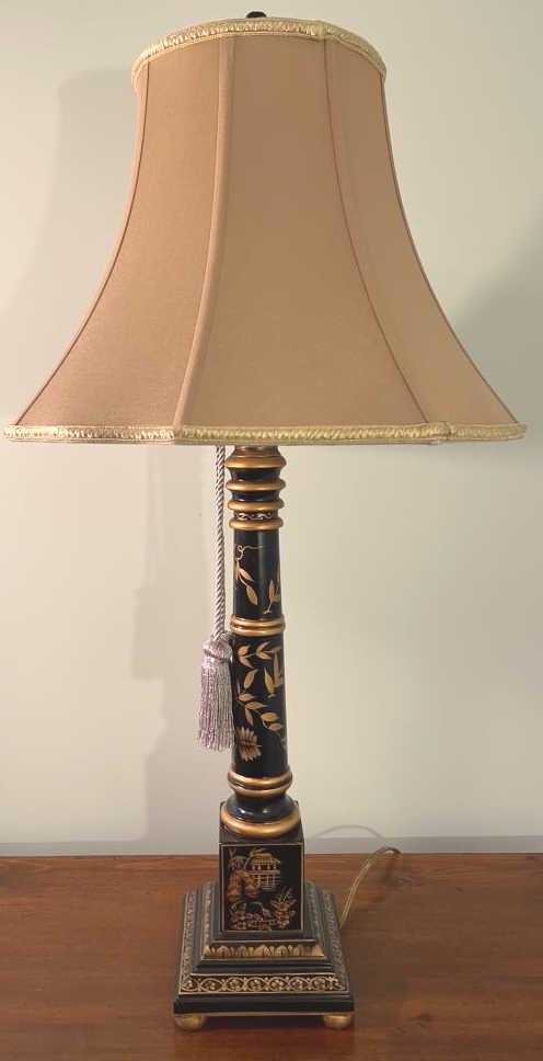 Black with Gold Chinoserie Painted Column Lamp: Silk lined beige shade, black finial. Tassels included.