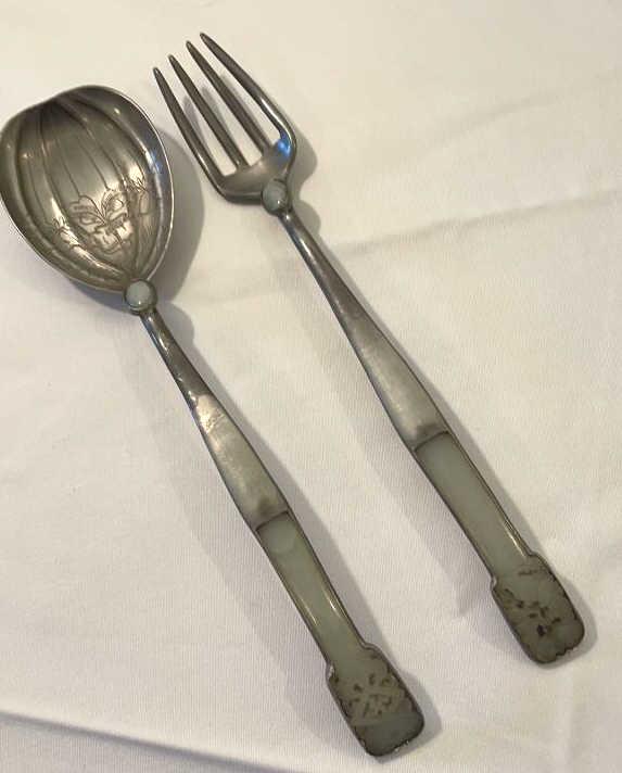 Antique Chinese Pewter and Jade Salad Fork & Spoon: Jade inlay on both pieces. Jade in good condition. Unusual set.