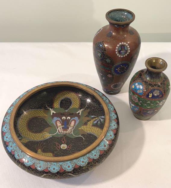 Three Antique CloisonnÃ© Pieces: Bowl is 5.75 dia X 2 tall.