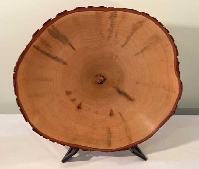Carved Ambrosia Maple Bowl: Approximately 14.5 diameter. Artist signed, D. Rhudy, 9-02. Stand included.