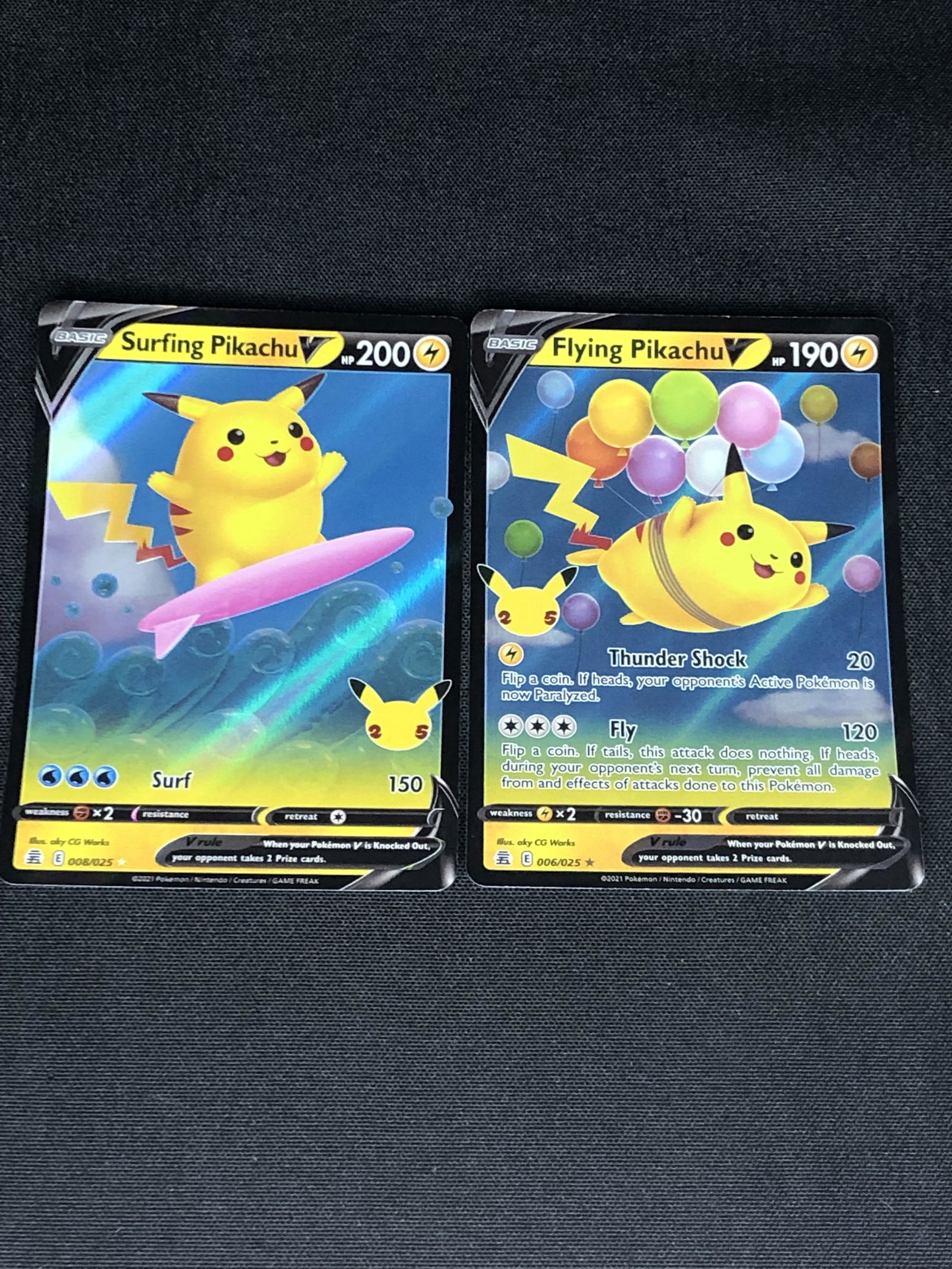 Surfing Pikachu V & Flying Pikachu V Pokemon Cards (1 of 1)
