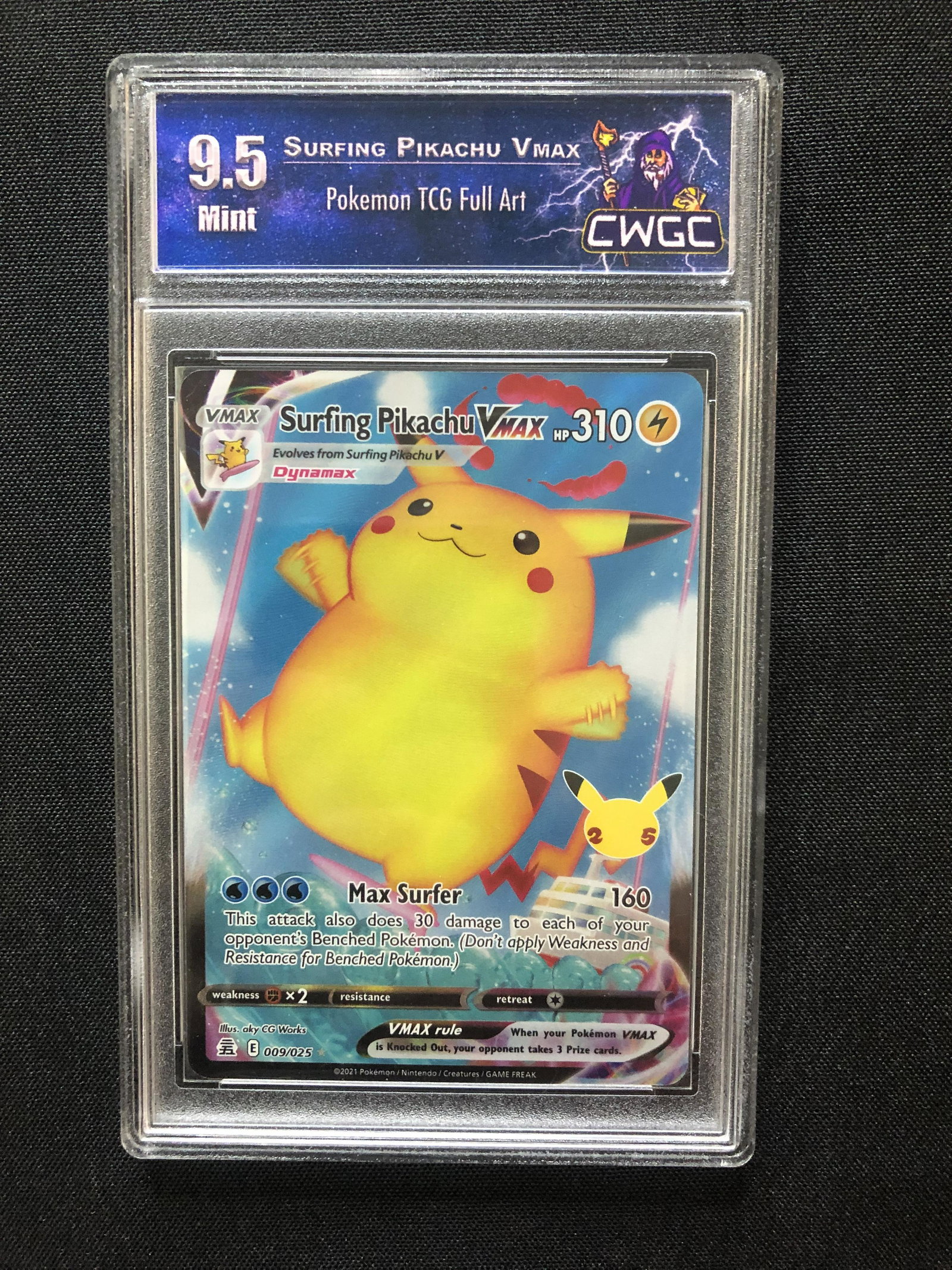 Surfing Pikachu Vmax graded CWGC 9.5: Surfing Pikachu Vmax graded CWGC 9.5