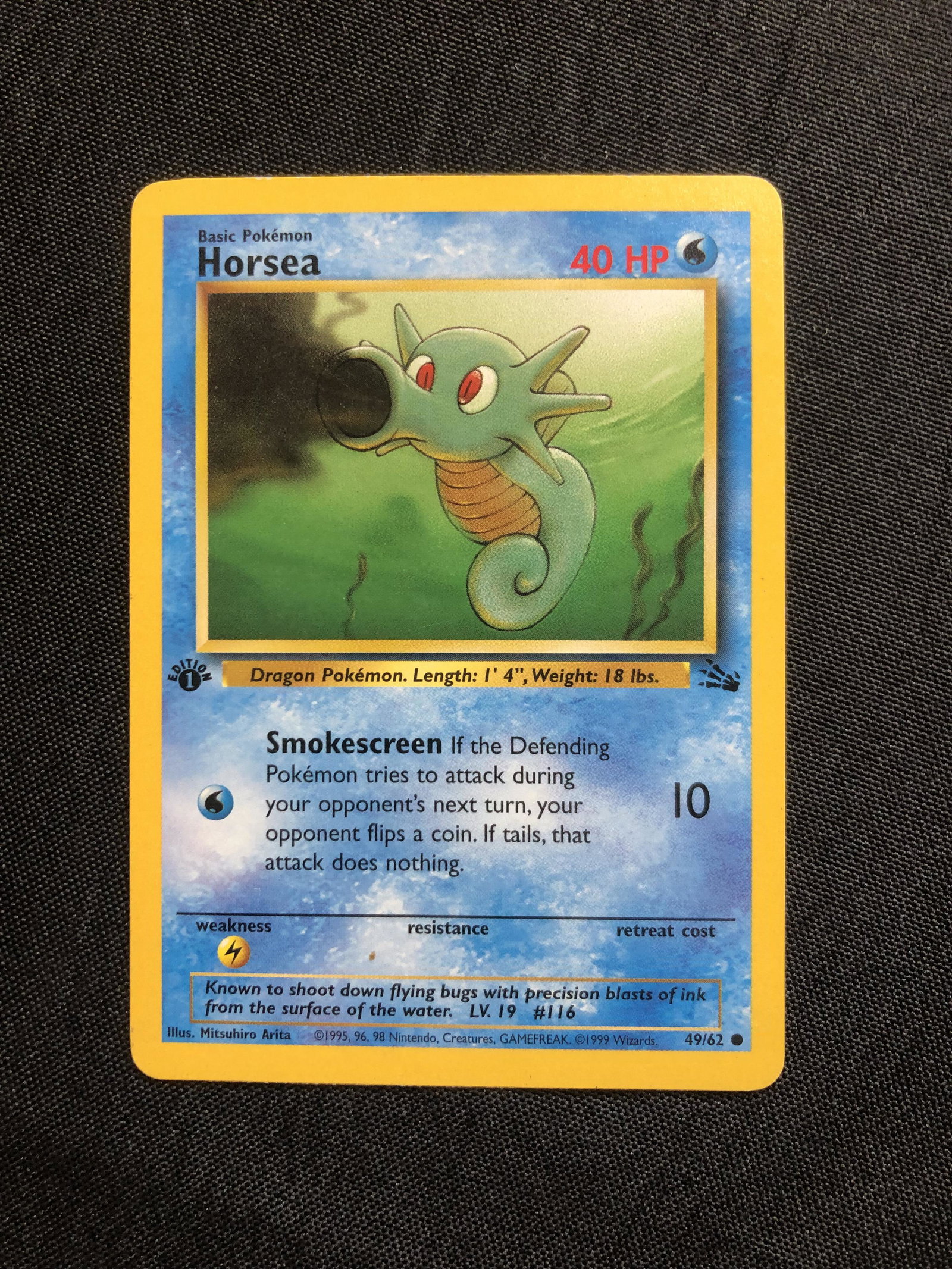 1st Edition Fossil Set Horsea - moderate-heavily played: 1st Edition Fossil Set Horsea - moderate-heavily played