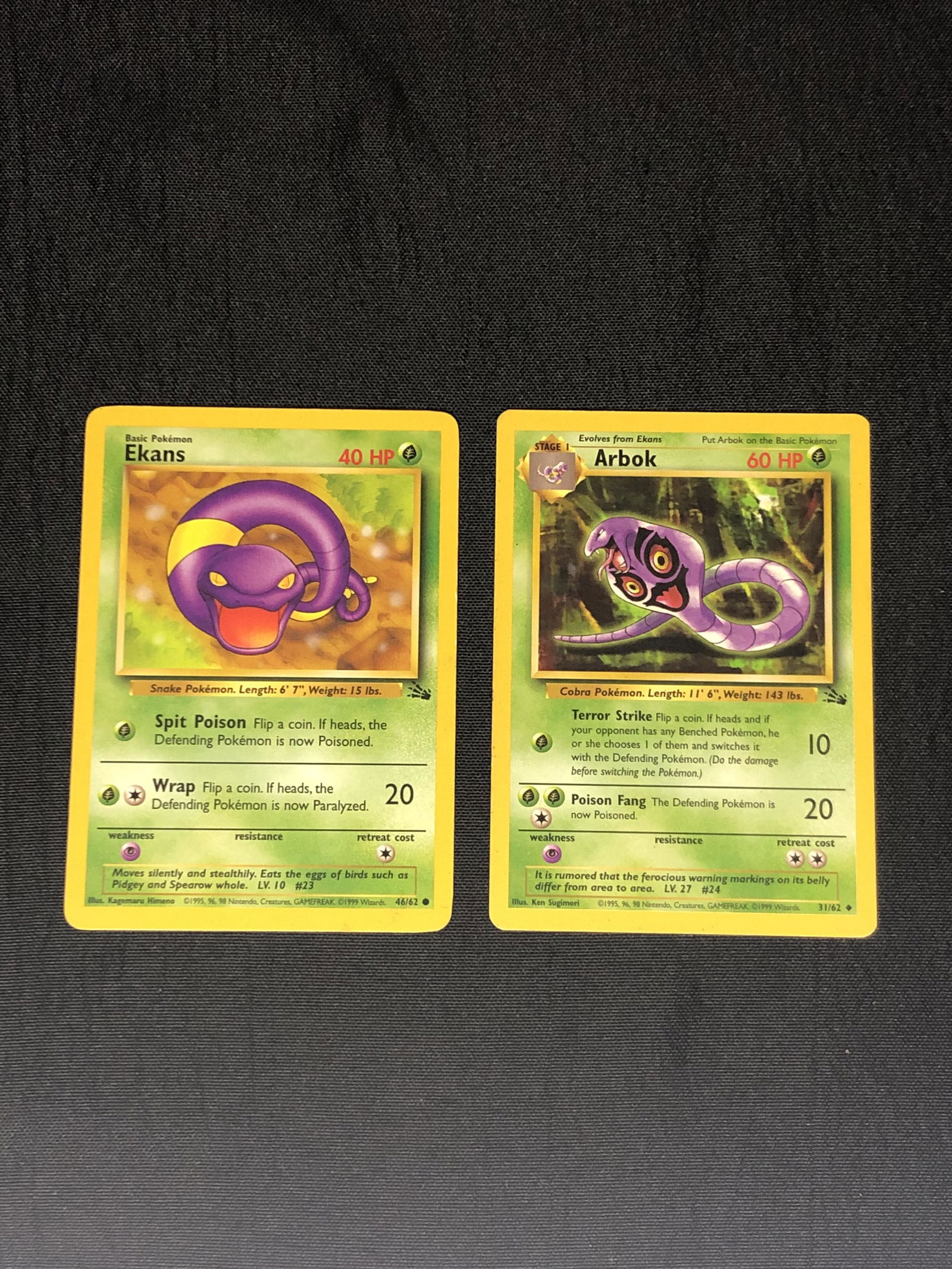 Fossil Set Ekans & Arbokn Pokemon Cards - Moderately Played Condition: Fossil Set Ekans & Arbokn Pokemon Cards - Moderately Played Condition