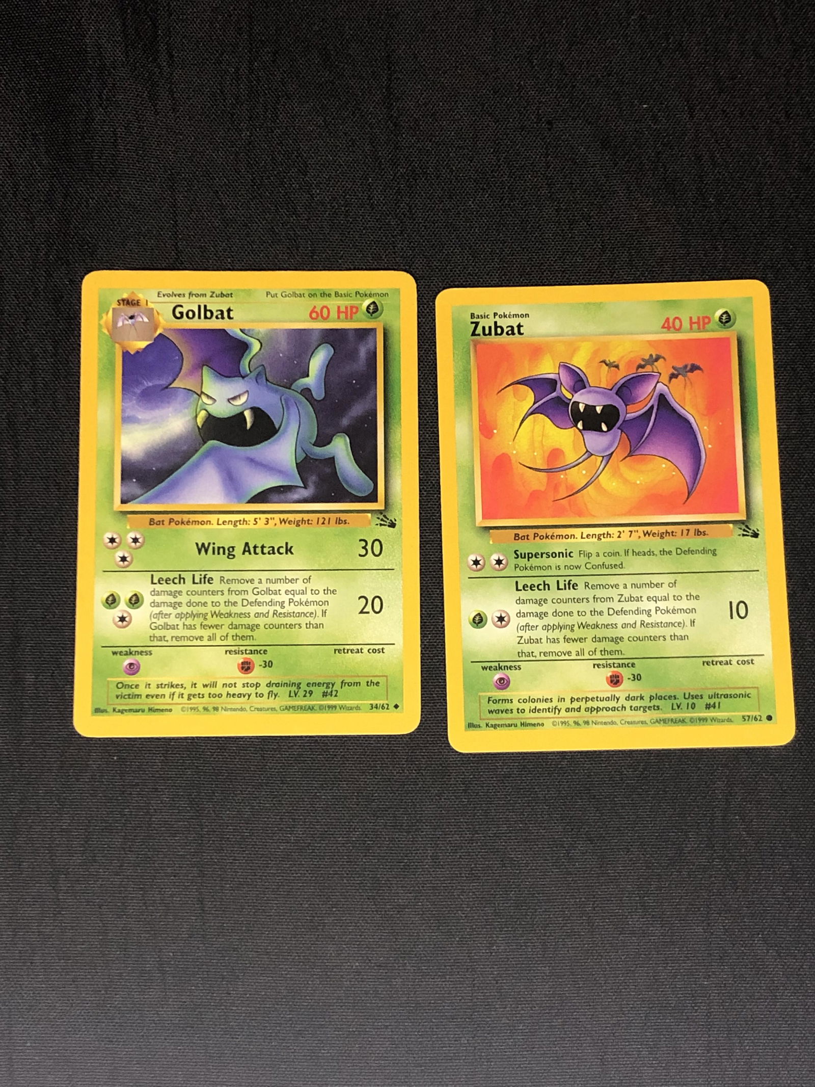 Fossil Zubat & Golbat Pokemon Cards - Moderately Played Condition: Fossil Zubat & Golbat Pokemon Cards - Moderately Played Condition
