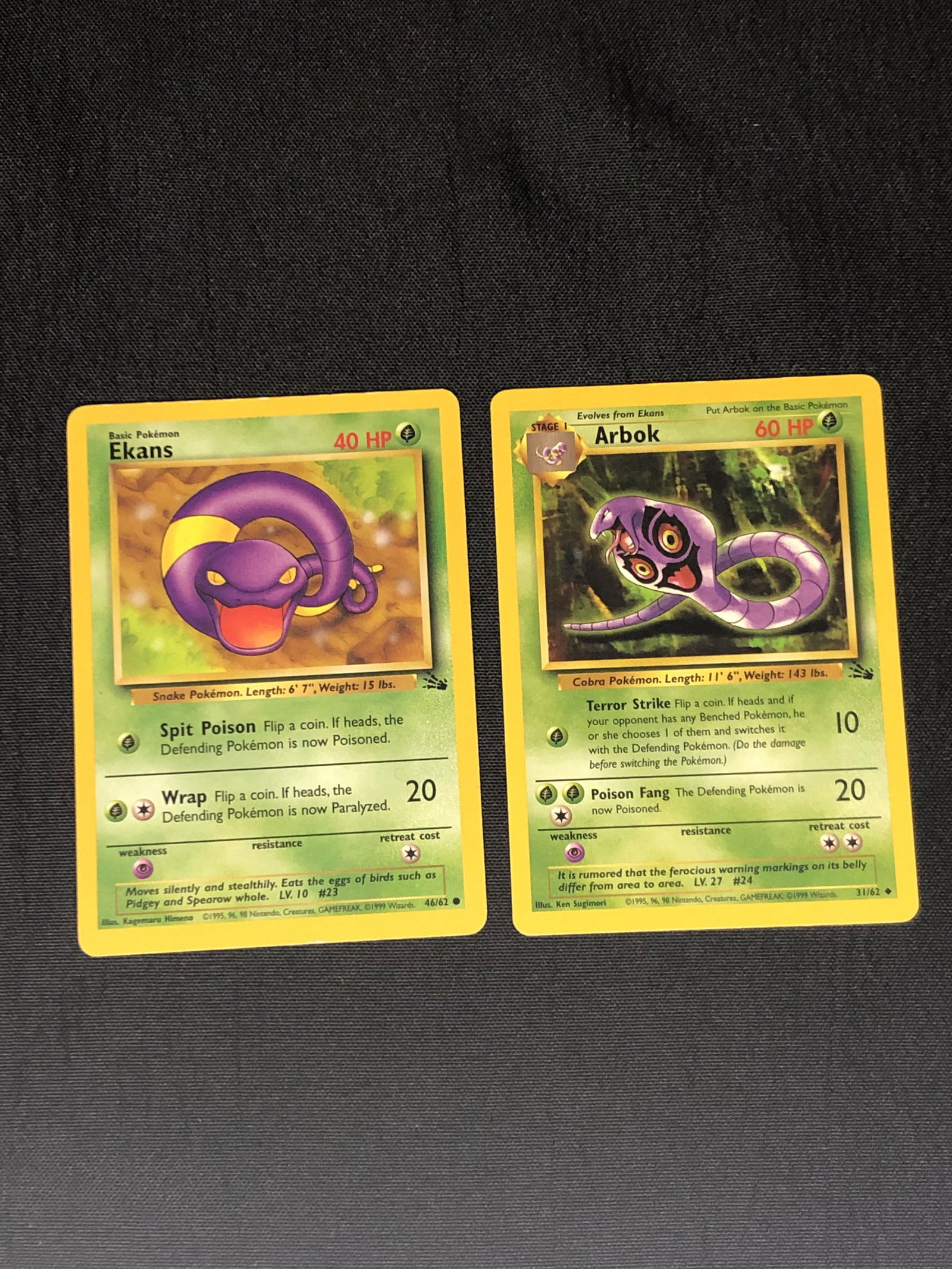 Fossil Set Ekans & Arbok Pokemon Cards - Moderately Played Condition: Fossil Set Ekans & Arbok Pokemon Cards - Moderately Played Condition