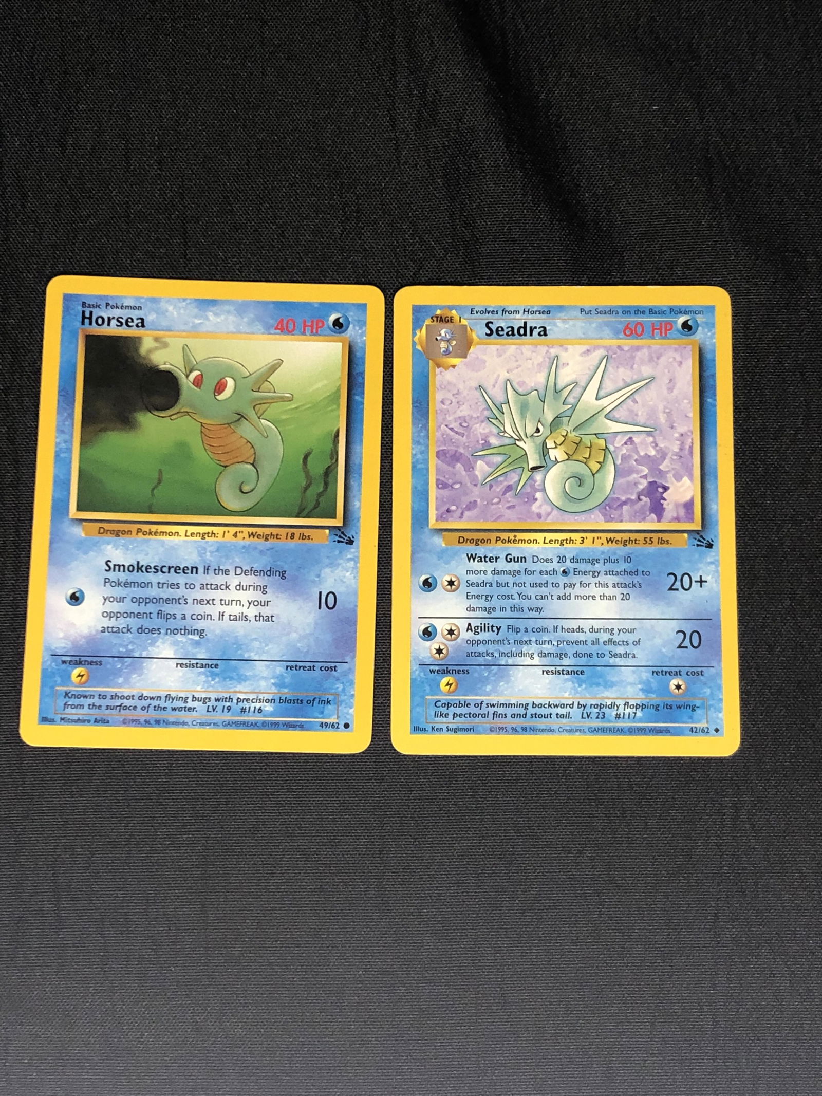 Fossil Set Horsea & Seadra Pokemon Cards - Moderately Played Condition: Fossil Set Horsea & Seadra Pokemon Cards - Moderately Played Condition