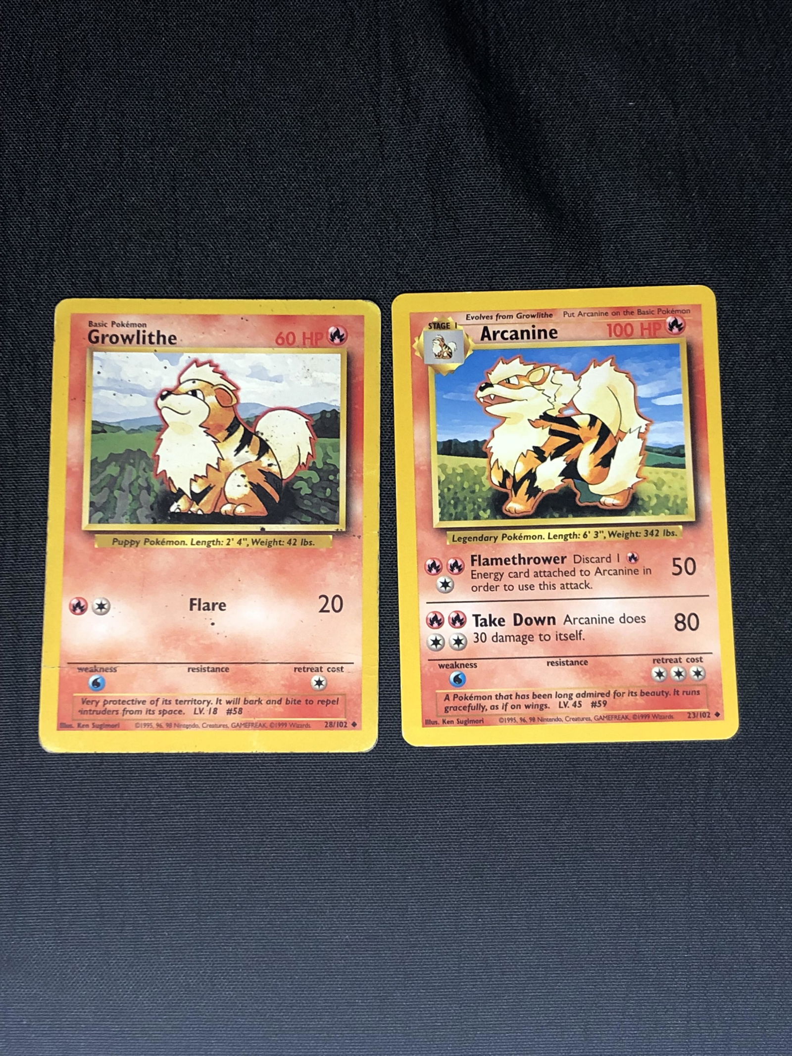 Base Set Growlithe & Arcanine Pokemon Cards - Moderately Played Condition (1 of 1)