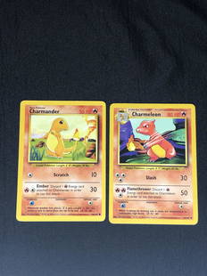 Base Set Charmander & Charmeleon Pokemon Cards - Moderately Played Condition: Base Set Charmander & Charmeleon Pokemon Cards - Moderately Played Condition