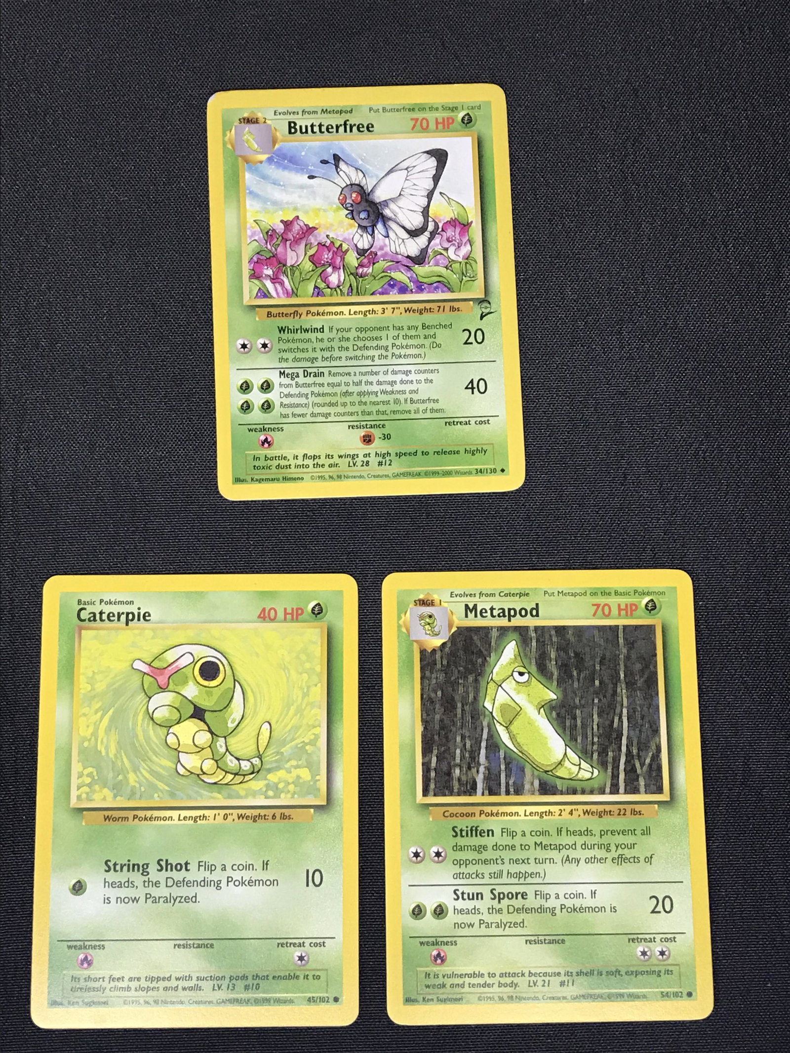Base Set Caterpie and Metapod and Base Set 2 Butterfree Pokemon cards: Base Set Caterpie and Metapod and Base Set 2 Butterfree Pokemon cards