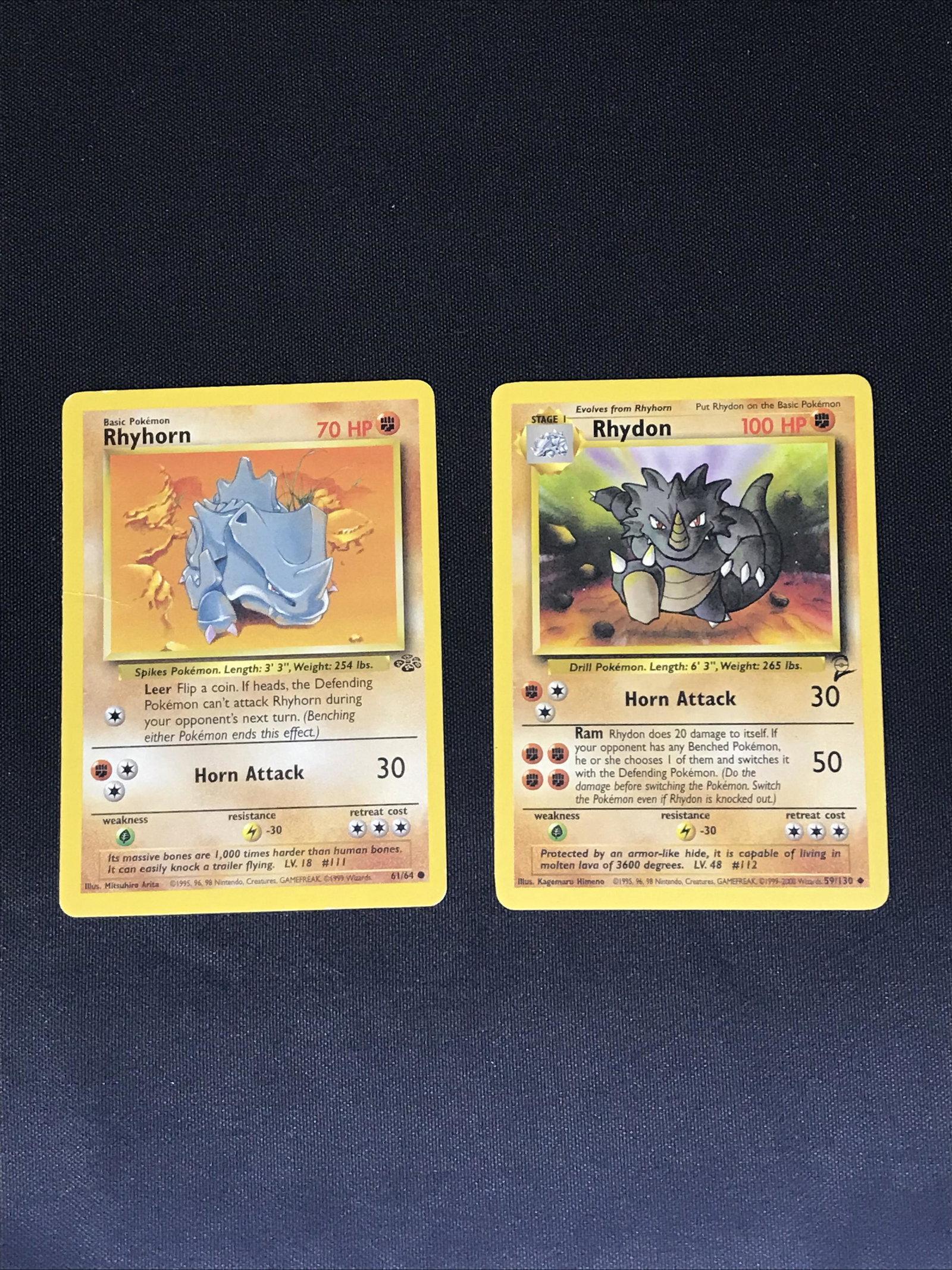 Jungle Rhyhorn and Base Set 2 Rhydon Pokemon cards - moderately played: Jungle Rhyhorn and Base Set 2 Rhydon Pokemon cards - moderately played