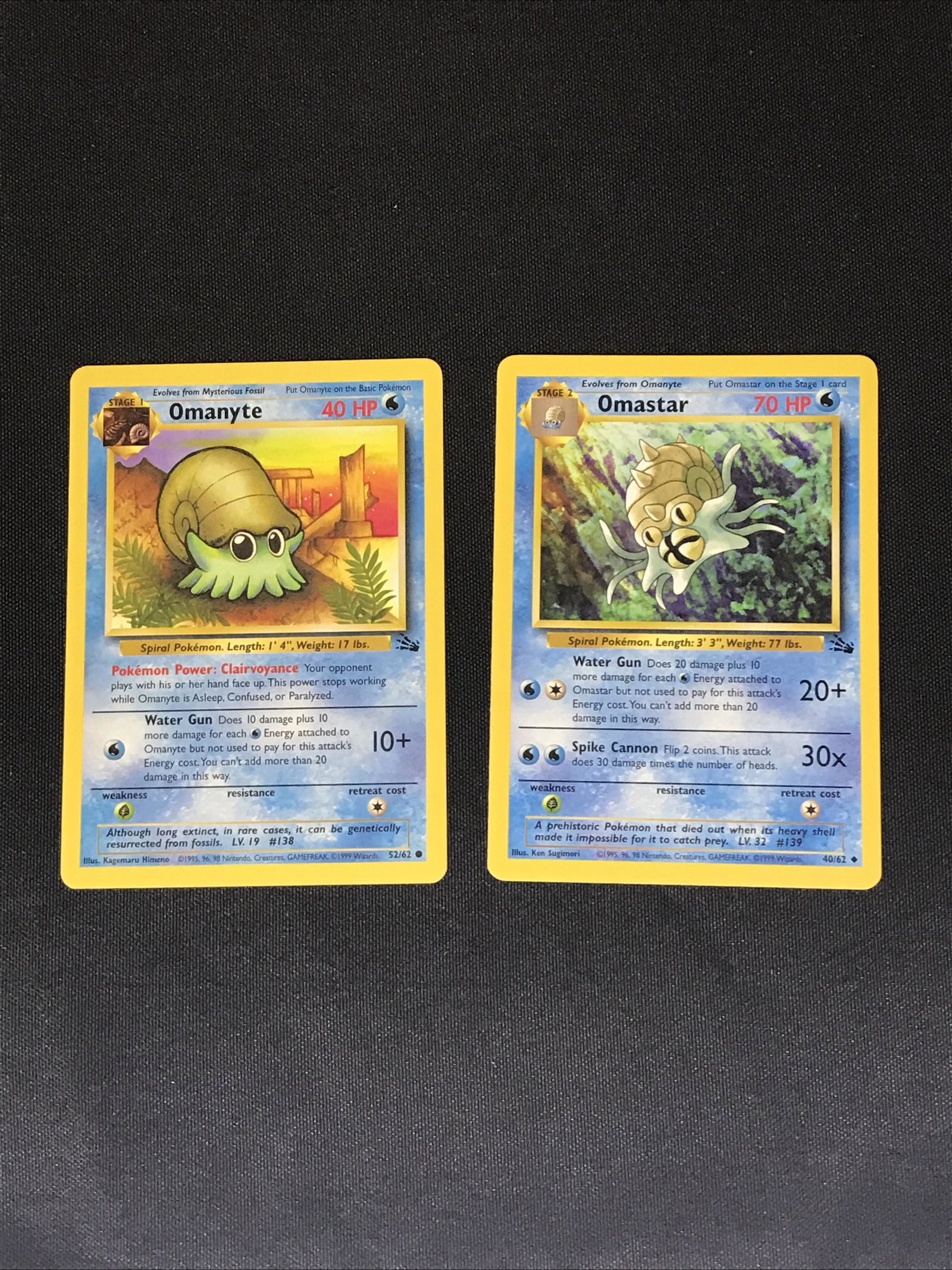 Fossil Omanyte and Omastar Pokemon cards - moderately played: Fossil Omanyte and Omastar Pokemon cards - moderately played