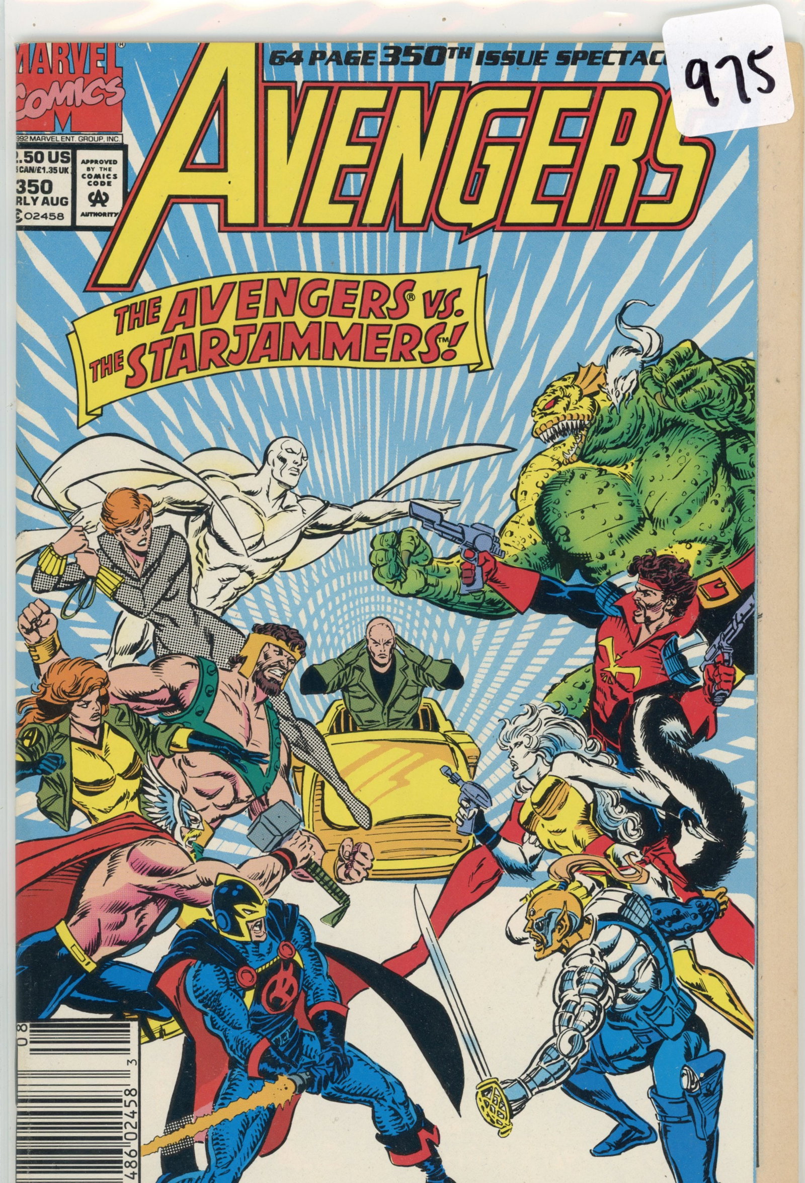 In "Avengers" #350, the story is titled "Retribution," and it centers around the Avengers' ongoing: In "Avengers" #350, the story is titled "Retribution," and it centers around the Avengers' ongoing conflict with the Kree, a powerful alien race. This issue is part of the "Operation: Galactic Storm" 