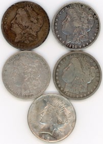 Lot of 5 90% Silver Morgan & Peace Dollars