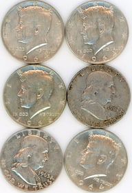 Lot of 6 90% Silver Franklin & Kennedy Half Dollars