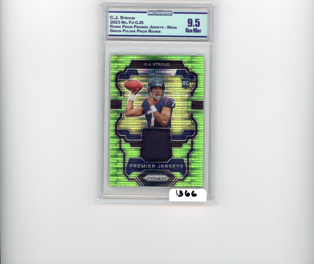 C.J. Stroud - 2023 Panini Prizm Premier Jerseys - Neon Green Pulsar Prizm Rookie CC&G Graded Gem: C.J. Stroud - 2023 Panini Prizm Premier Jerseys - Neon Green Pulsar Prizm Rookie CC&G Graded Gem Mint 9.5