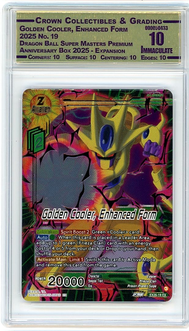 2025 Golden Cooler, Enhanced Form Dragon Ball Sup: This 2025 Golden Cooler Enhanced Form card from the Dragon Ball Super Masters Premium Anniversary Box represents an exceptional addition to any serious DBZ collection. Graded a flawless Crown 10.00 by