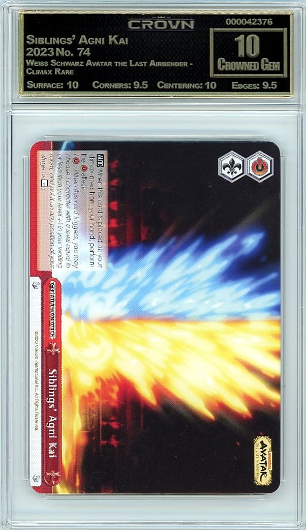 2023 Siblings' Agni Kai Weiss Schwarz Avatar the: Graded by Crown Grading. Grade: 10.00. Crowned Gem