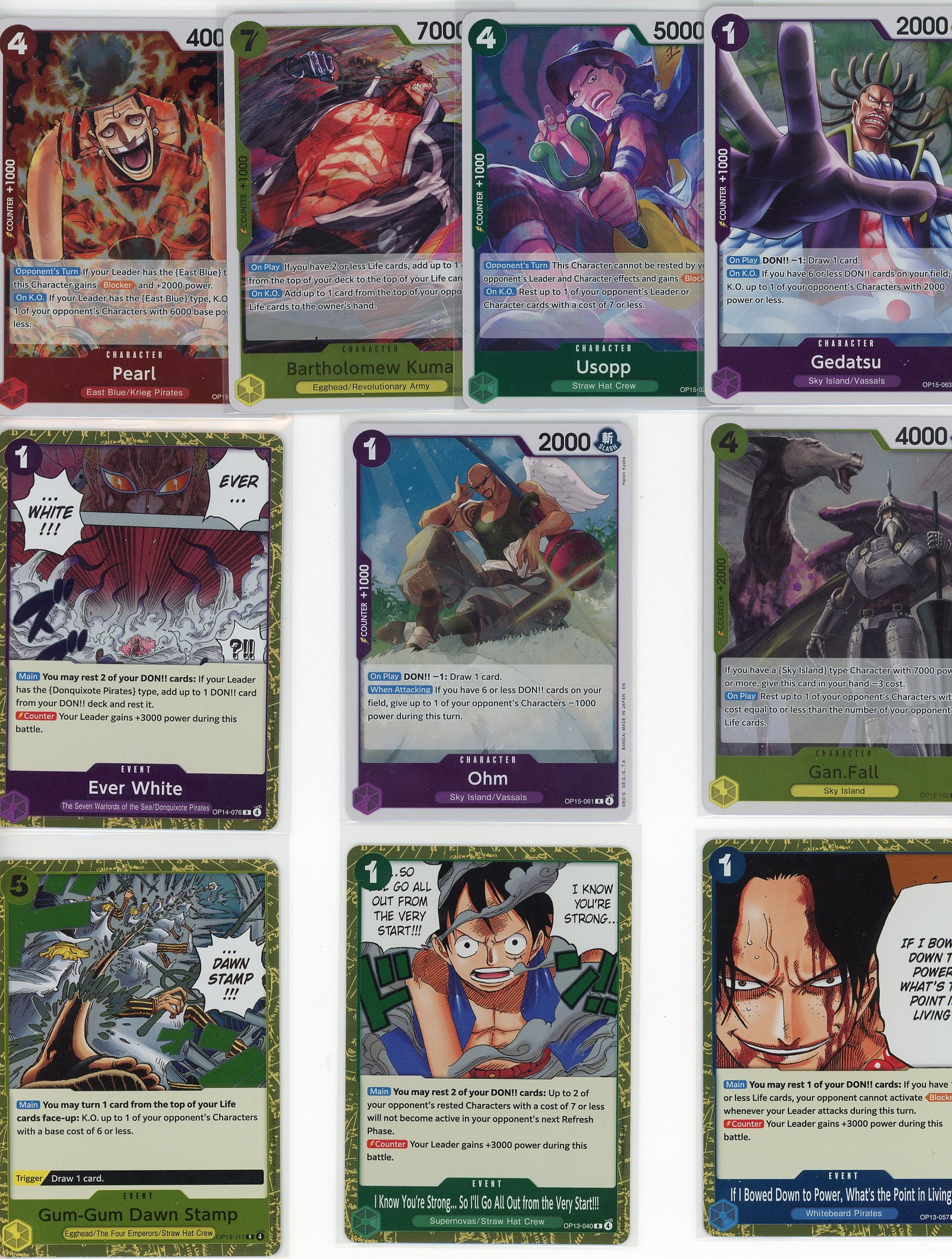 Lot of 10 One Piece Foil Trading Cards - Pearl, B: This lot contains 10 authentic One Piece foil trading cards from the Bandai One Piece Trading Card Game. The lot includes prominent characters such as Pearl (East Blue/Kilo Pirates), Bartholomew Kuma 