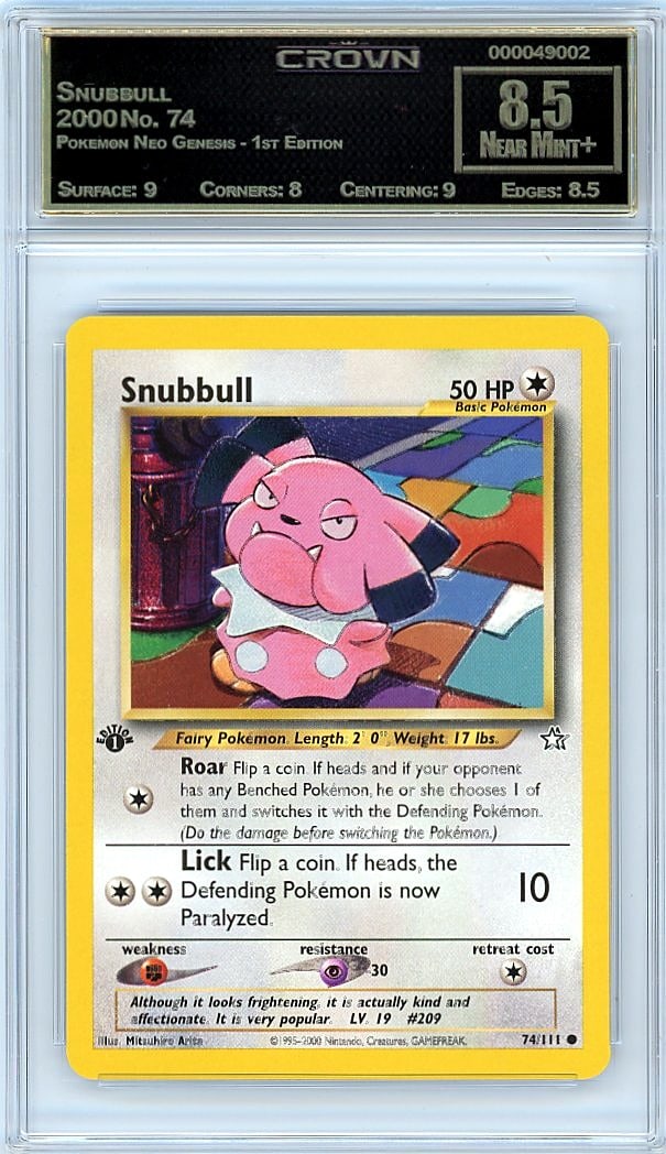 2000 Snubbull Pokemon Neo Genesis - 1st Edition #: Graded by Crown Grading. Grade: 8.50. Near Mint+