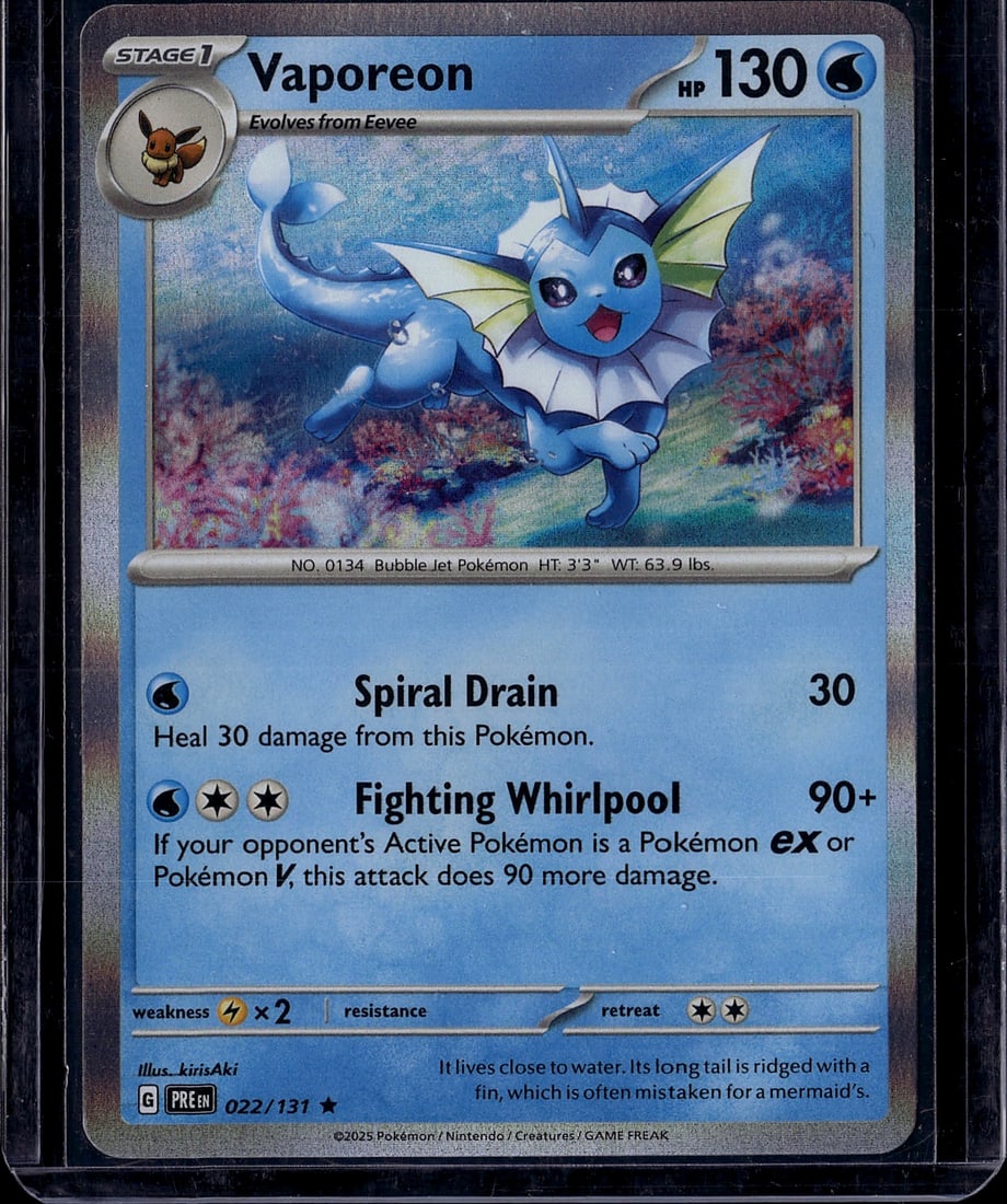 Vaporeon 022/131 Scarlet Violet Pokemon Card Sing: This is a raw Vaporeon Pokemon trading card from the Scarlet & Violet set, card number 022/131. Vaporeon is a Stage 1 Water-type Pokemon that evolves from Eevee, featuring 130 HP. The card displays ex