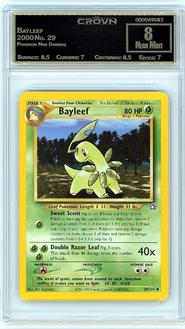 2000 Bayleef Pokemon Neo Genesis #29 Crown 8.00: Graded by Crown Grading. Grade: 8.00. Near Mint