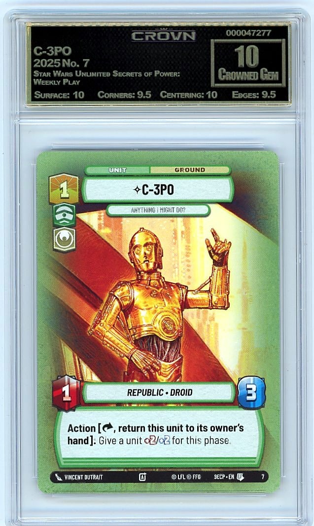 2025 C-3PO Star Wars Unlimited Secrets of Power:: Graded by Crown Grading. Grade: 10.00. Crowned Gem