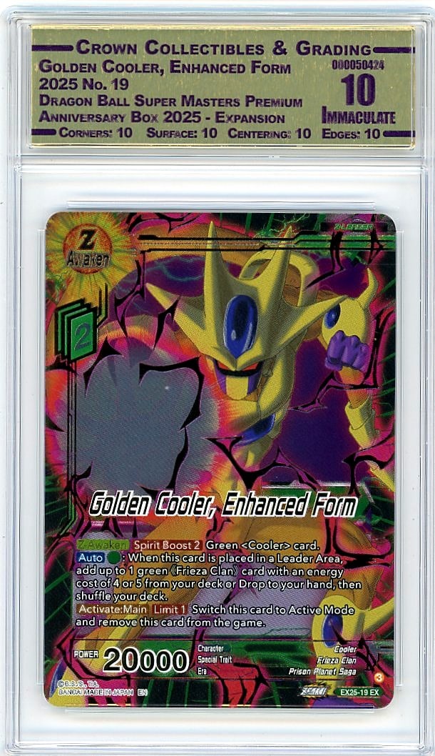 2025 Golden Cooler, Enhanced Form Dragon Ball Sup: This 2025 Golden Cooler Enhanced Form Dragon Ball Super Masters Premium Anniversary Box 2025 Expansion Rare #19 card in Crown Grade 10.00 is a premier collectible from one of the year's most anticipat