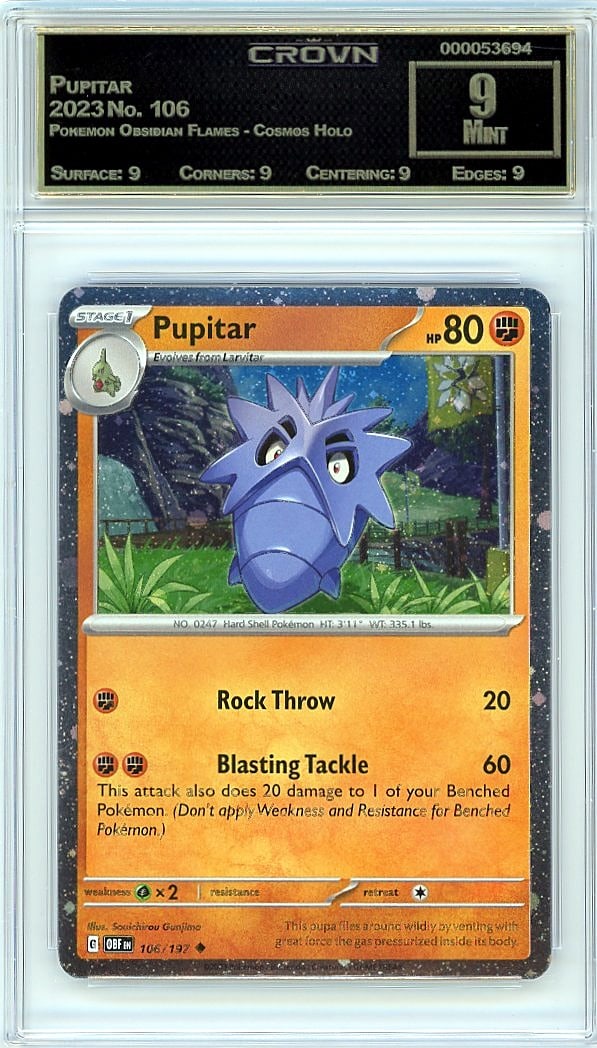 2023 Pupitar Pokemon Obsidian Flames - Cosmos Hol: Graded by Crown Grading. Grade: 9.00. Mint