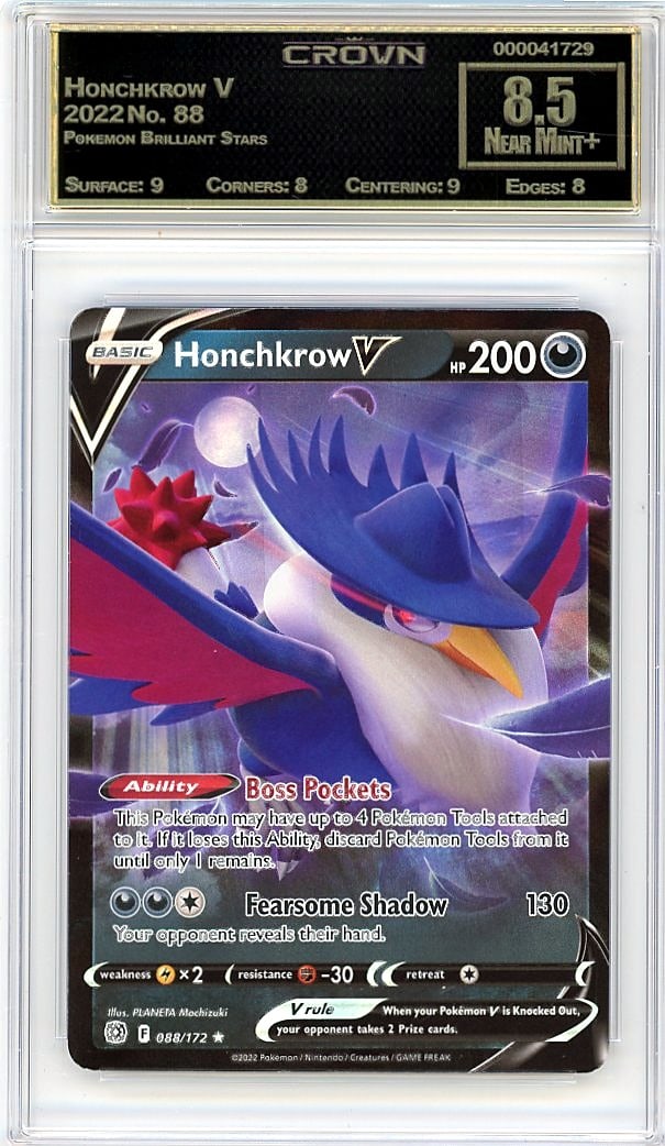 2022 Honchkrow V Pokemon Brilliant Stars #88 Crow: Graded by Crown Grading. Grade: 8.50. Near Mint+