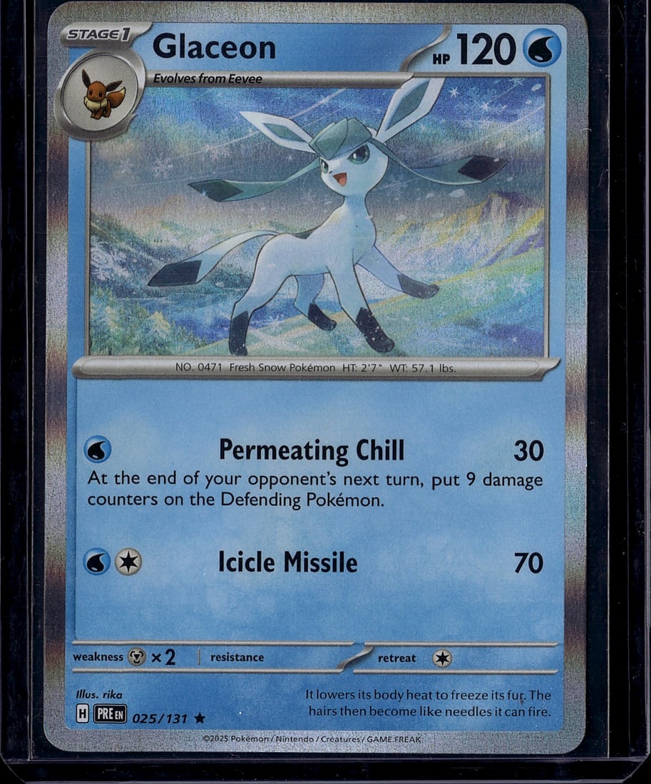 Glaceon 025/131 Scarlet Violet Pokemon Card Stage: This is a raw Glaceon Stage 1 Pokemon card from the Scarlet & Violet set, card number 025/131. Glaceon is the Fresh Snow Pokemon evolution from Eevee, featuring 120 HP and two attacks: Permeating Chil