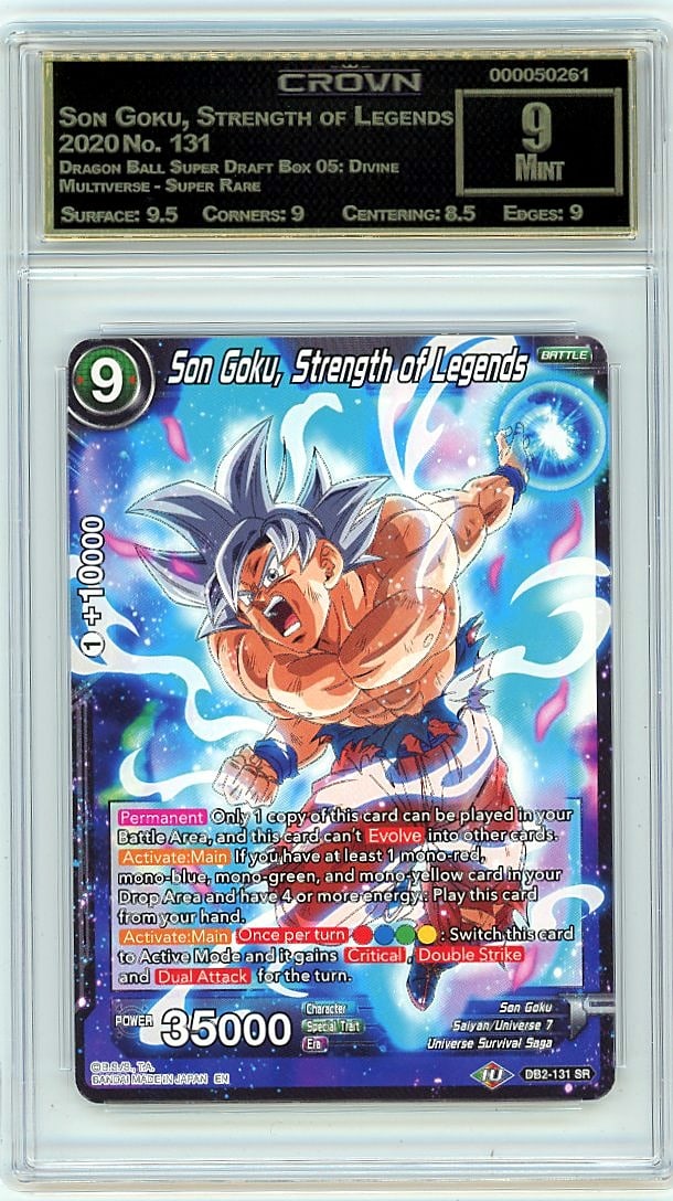2020 Son Goku, Strength of Legends Dragon Ball Su: This Son Goku, Strength of Legends card represents a premium example of this sought-after collectible, graded 9.00 by Crown Grading. A Crown 9.00 grade indicates near-mint condition with only minor im
