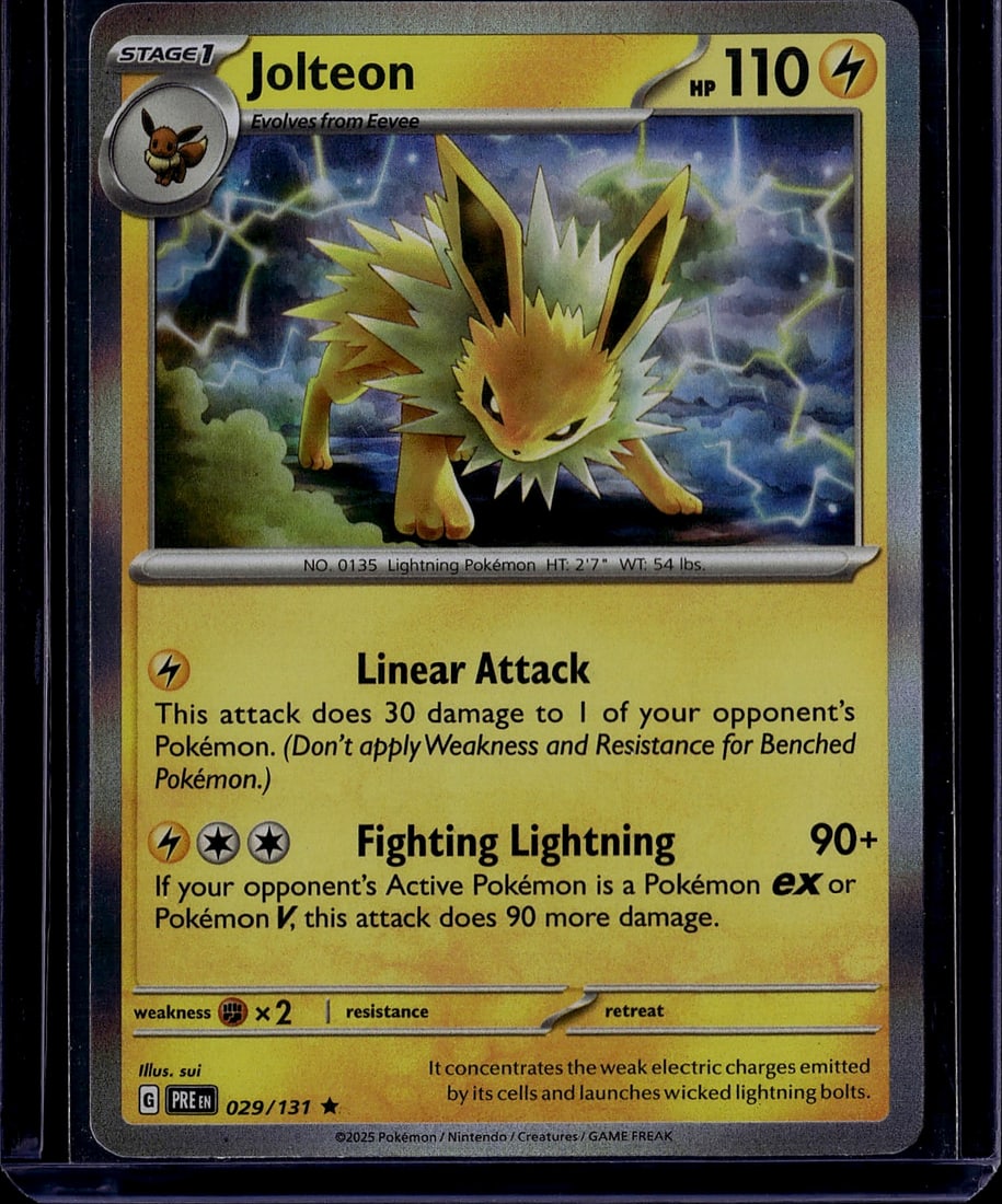 Jolteon 029/131 Pokemon Scarlet Violet Stage 1 Li: This is a Jolteon Stage 1 Pokemon card from the Scarlet & Violet series, card number 029/131. Jolteon is a Lightning-type Pokemon that evolves from Eevee, featuring 110 HP and an electric-themed illus