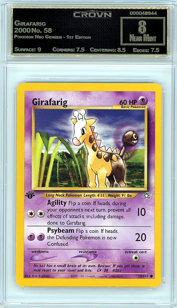 2000 Girafarig Pokemon Neo Genesis - 1st Edition: This 2000 Girafarig Pokemon Neo Genesis 1st Edition card graded Crown 8.00 represents a highly sought collectible from one of the hobby's most iconic early sets. The Neo Genesis set revolutionized Pok