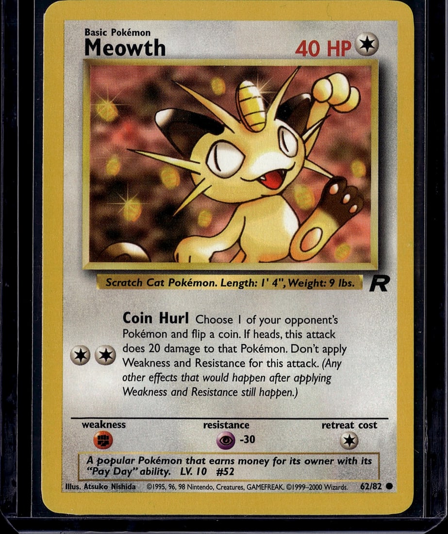 Meowth 62/82 Base Set Pokemon Card 1999 Vintage S: This is a vintage Meowth Pokemon trading card from the iconic Base Set, released in 1999. Card number 62/82, this Basic Pokemon features the classic Scratch Cat Pokemon with 40 HP and the Coin Hurl at