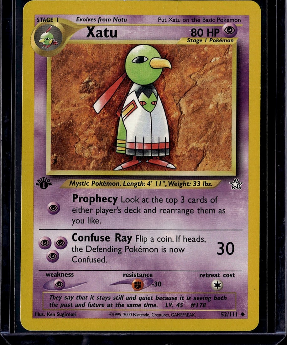 Xatu 52/111 Neo Genesis Pokemon Card Stage 1 Psyc: This is a raw Pokemon trading card featuring Xatu, a Stage 1 Psychic-type Pokemon from the Neo Genesis set (52/111). The card was released in 2000 by Nintendo and GAMEFREAK and displays the mystical b