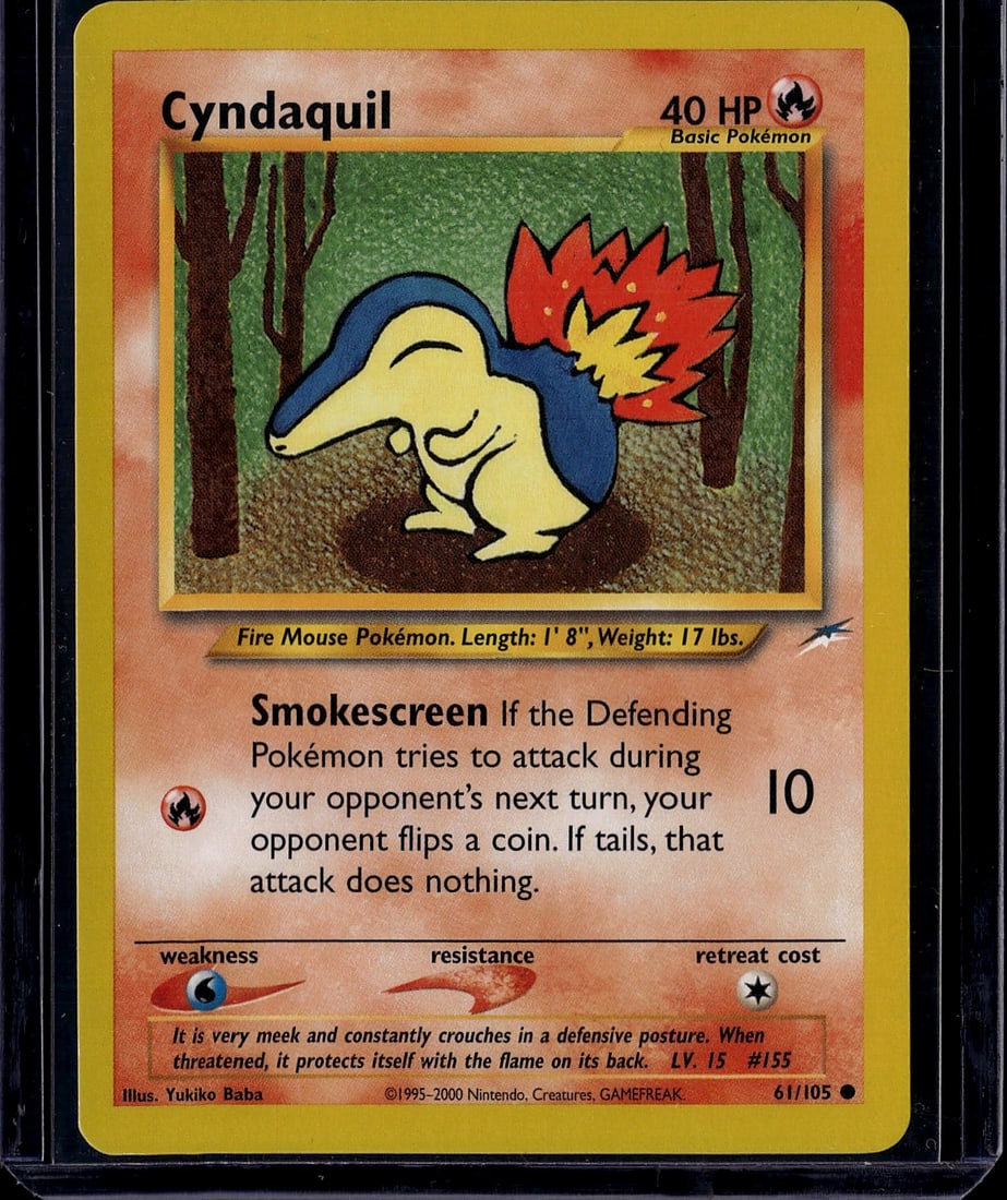 Cyndaquil 61/105 Base Set Pokemon Card 2000 Fire: This vintage Cyndaquil Pokemon card from the Base Set (card #61/105) was published in 2000 by Nintendo and Creatures. It features the iconic Fire Mouse Pokemon with its distinctive flame-tipped quills