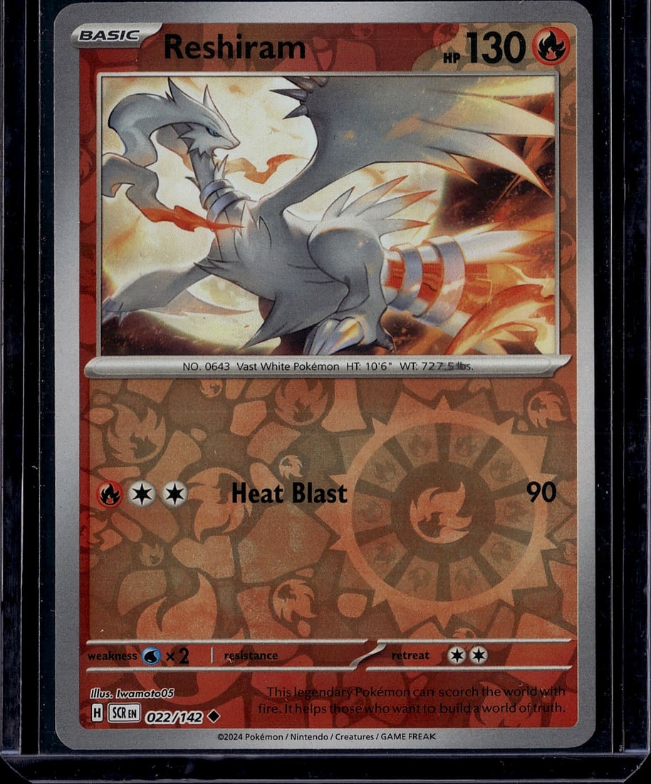 Reshiram 022/142 Boundaries Crossed Pokemon Card: This is an ungraded Reshiram Basic Pokemon card from the Boundaries Crossed set (card number 022/142). Reshiram is a Legendary Fire-type Pokemon with 130 HP, featuring the Heat Blast attack that deals