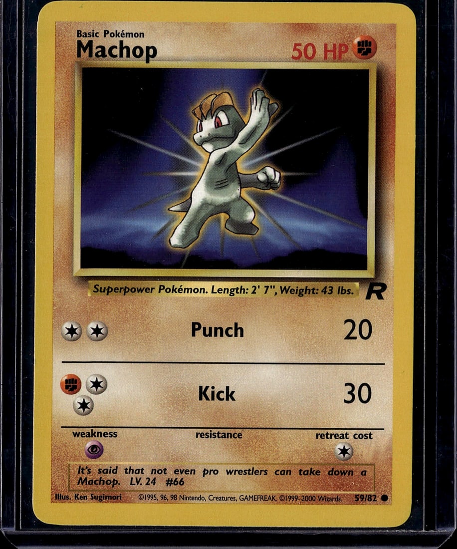 Machop 59/82 Base Set Pokemon Card 1999 | Vintage: This is an original 1999 Machop Pokemon Trading Card from the Base Set (Card #59/82). As a Basic Fighting-type Pokemon, Machop features the classic Ken Sugimori illustration and showcases iconic early