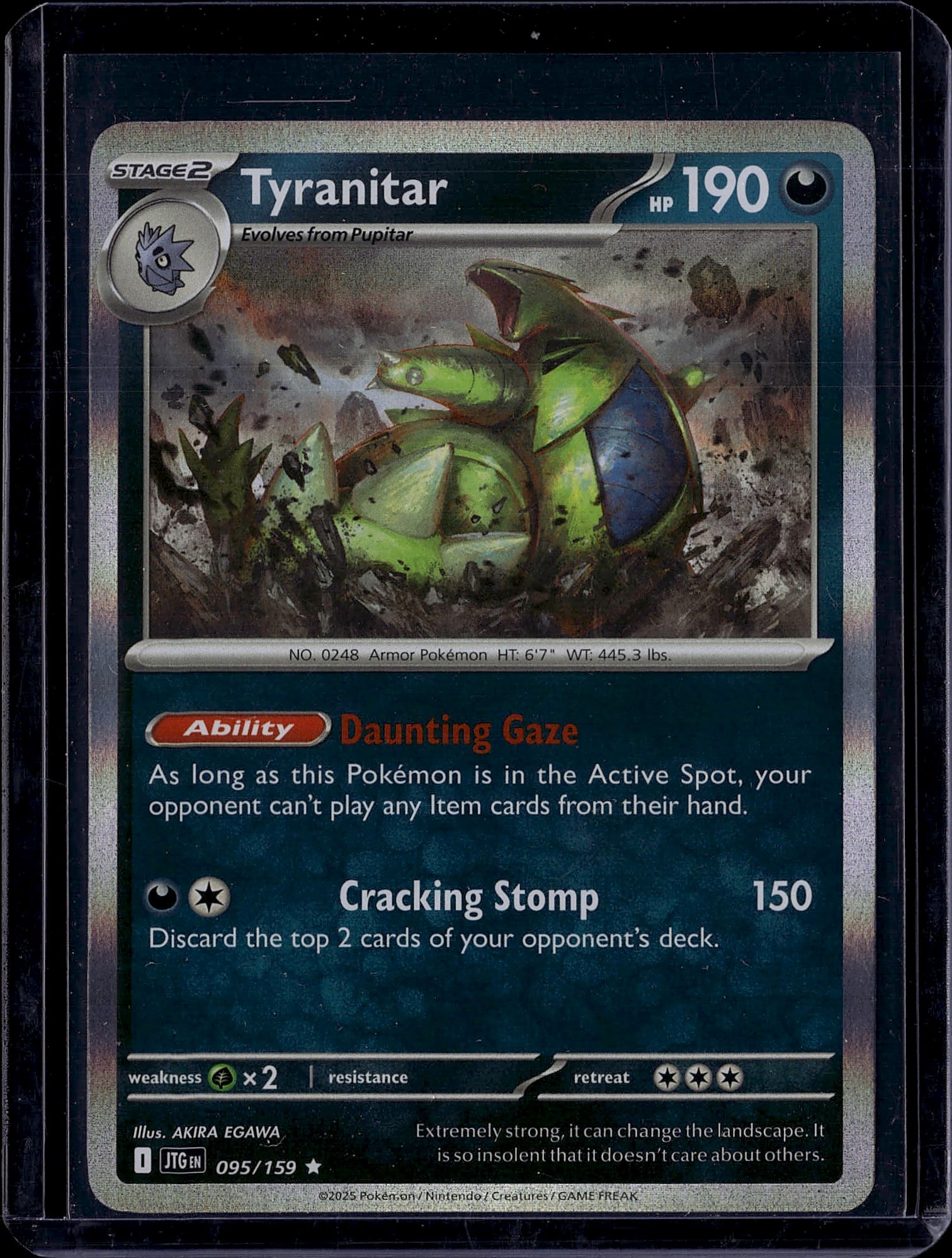 Tyranitar 095/159 Stage 2 Pokemon TCG Card 190 HP: This is a raw Tyranitar Stage 2 Pokemon trading card from a modern TCG set, featuring card number 095/159. The card displays excellent centering and print quality with vibrant artwork by AKIRA EGAWA. 