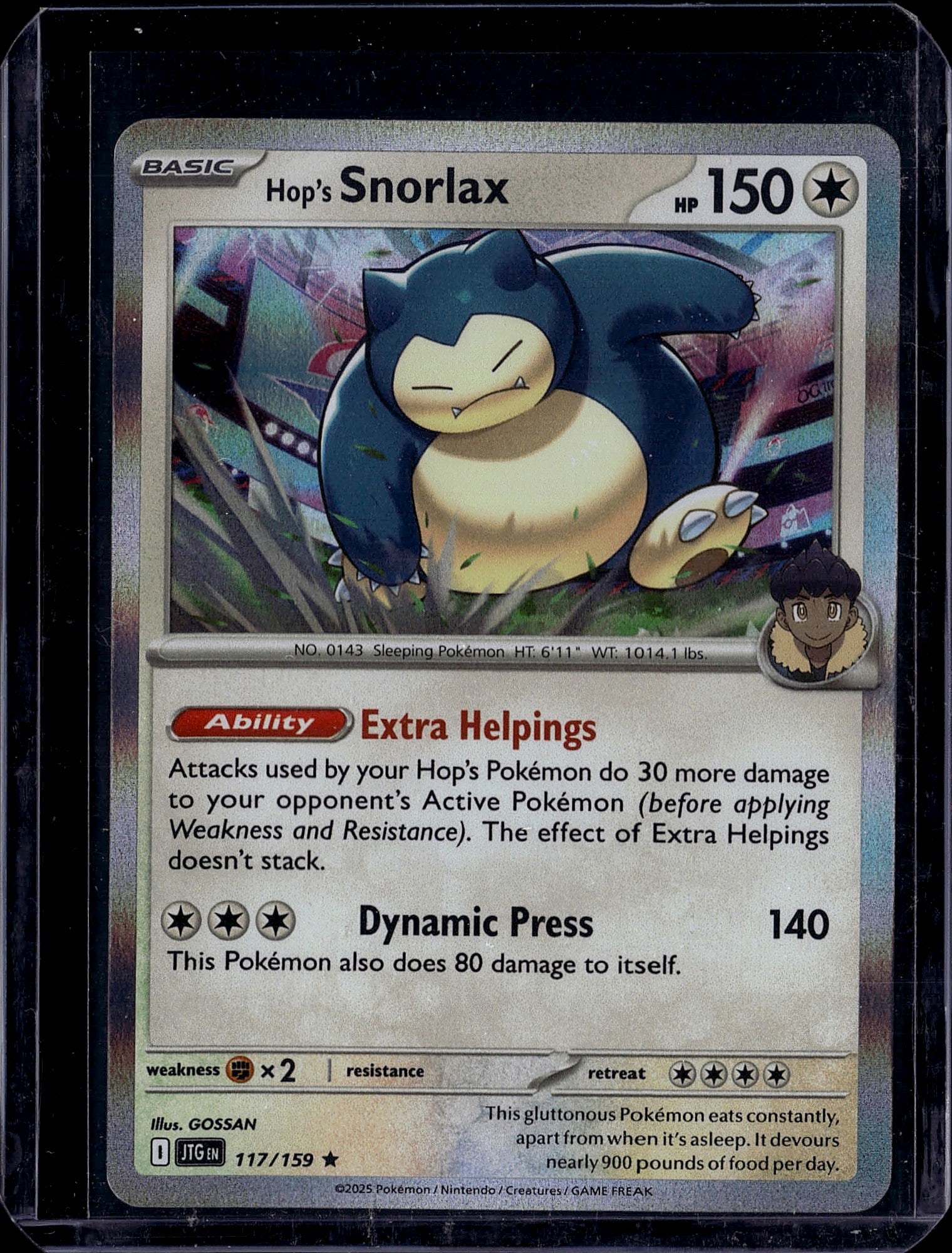 Hop's Snorlax 117/159 Pokemon Card - Scarlet & Vi: This is a raw Hop's Snorlax Pokemon card from the Scarlet & Violet expansion set, card number 117/159. The card features the iconic sleeping Pokemon with Hop's Ability "Extra Helpings," which boosts a